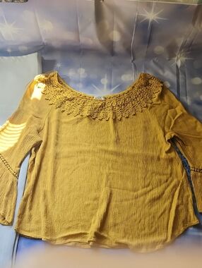 Crochet-Yoke Mustard Peasant Tunic Top